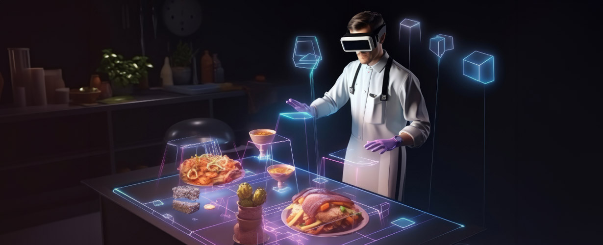 A chef using digital technology and gadgets to visualize dishes and plate them on a table with extended reality (XR) before preparing them in real life.